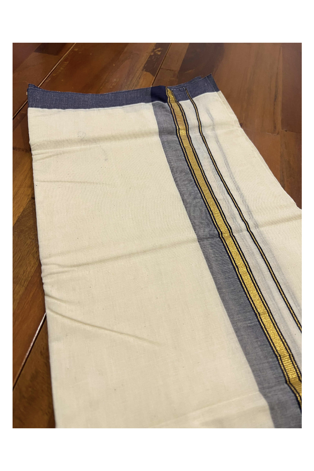 Off White Pure Cotton Double Mundu with Kasavu and Black Kara (South Indian Dhoti)