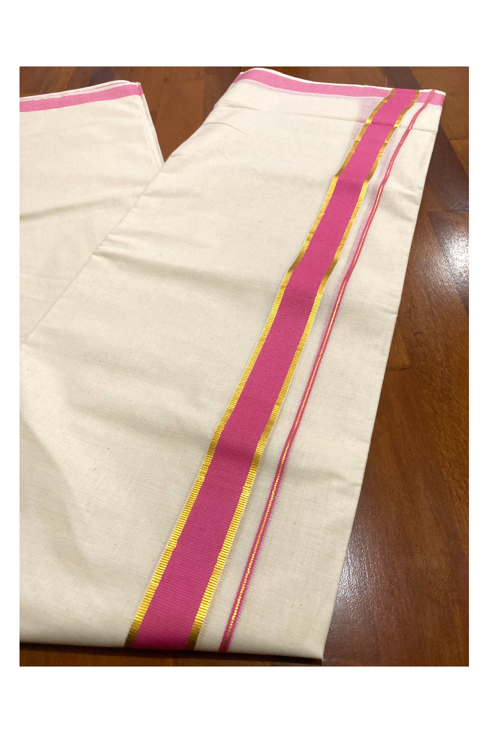 Off White Pure Cotton Double Mundu with Kasavu and Pink Border (South Indian Kerala Dhoti)