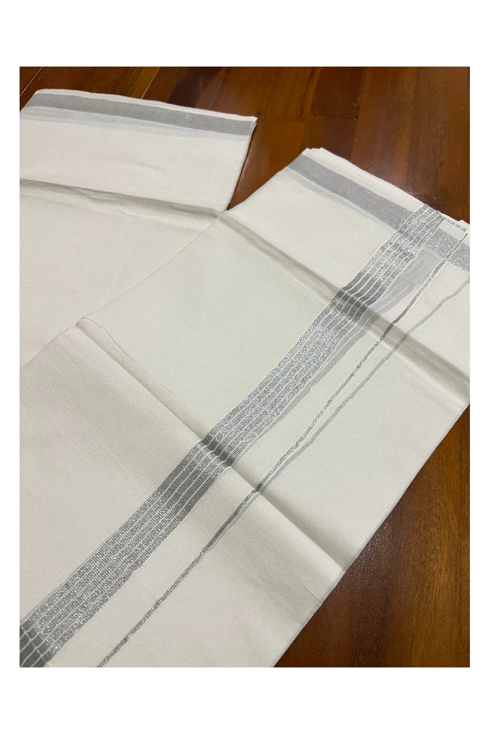 Pure White Cotton Double Mundu with Silver Kasavu Line Border (South Indian Dhoti)