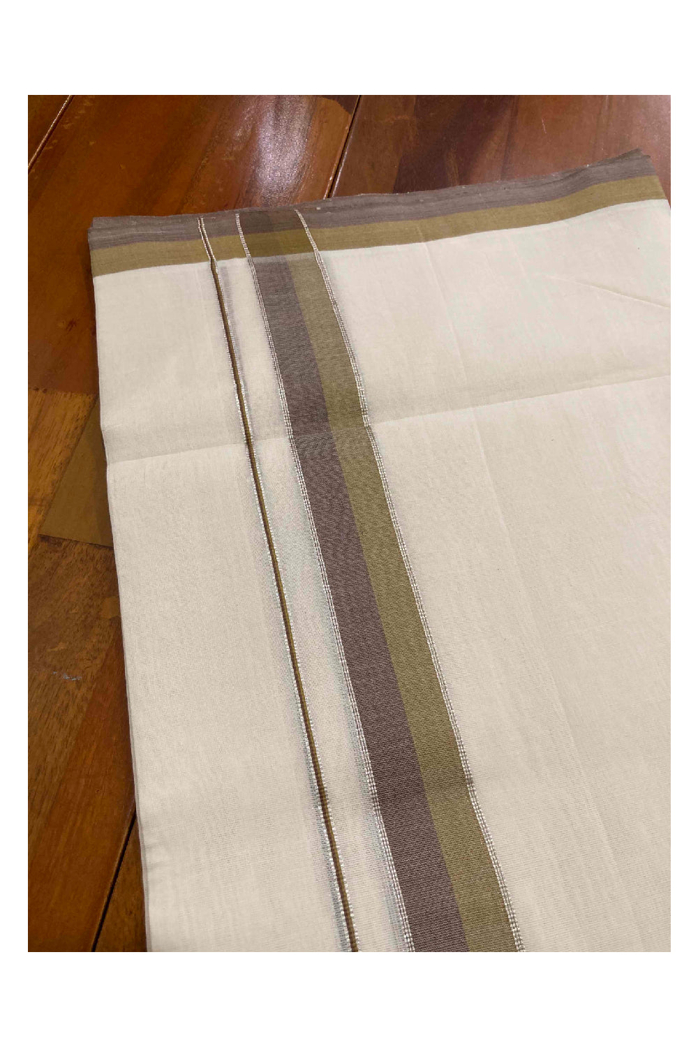 Southloom Balaramapuram Unakkupaavu Premium Handloom Mundu with Brown Purple and Silver Kasavu Border