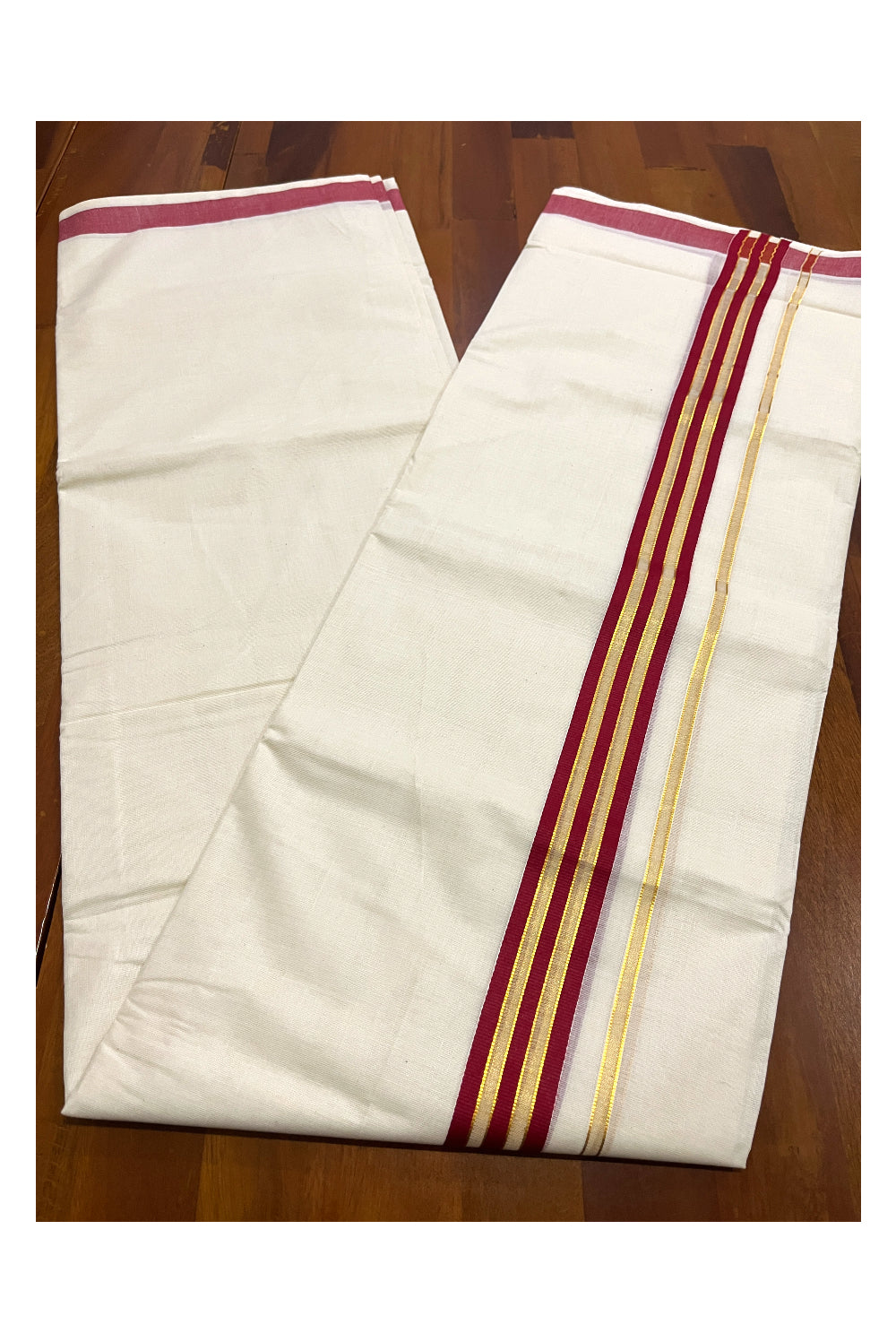 Pure Cotton Off White Double Mundu with Red and Kasavu Kara (South Indian Dhoti)