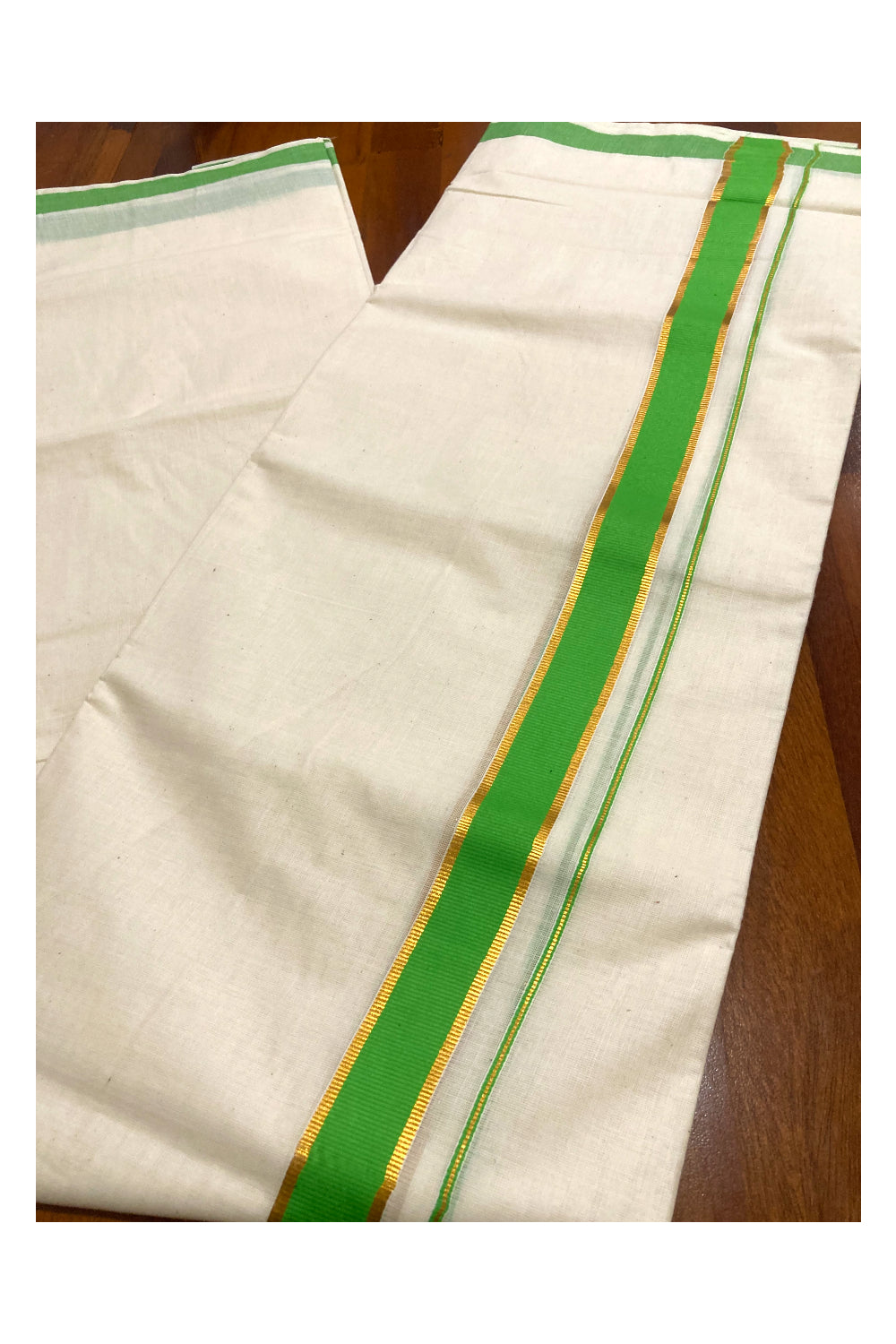 Pure Cotton Off White Double Mundu with Green and Kasavu Border (South Indian Kerala Dhoti)