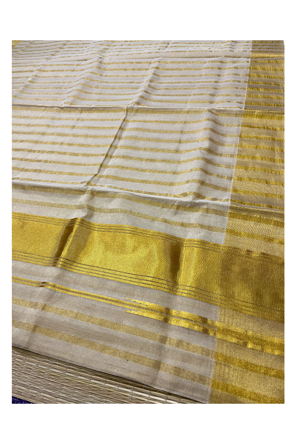 Southloom Premium Handloom Tissue Kasavu Saree with Wide Lines Across Body