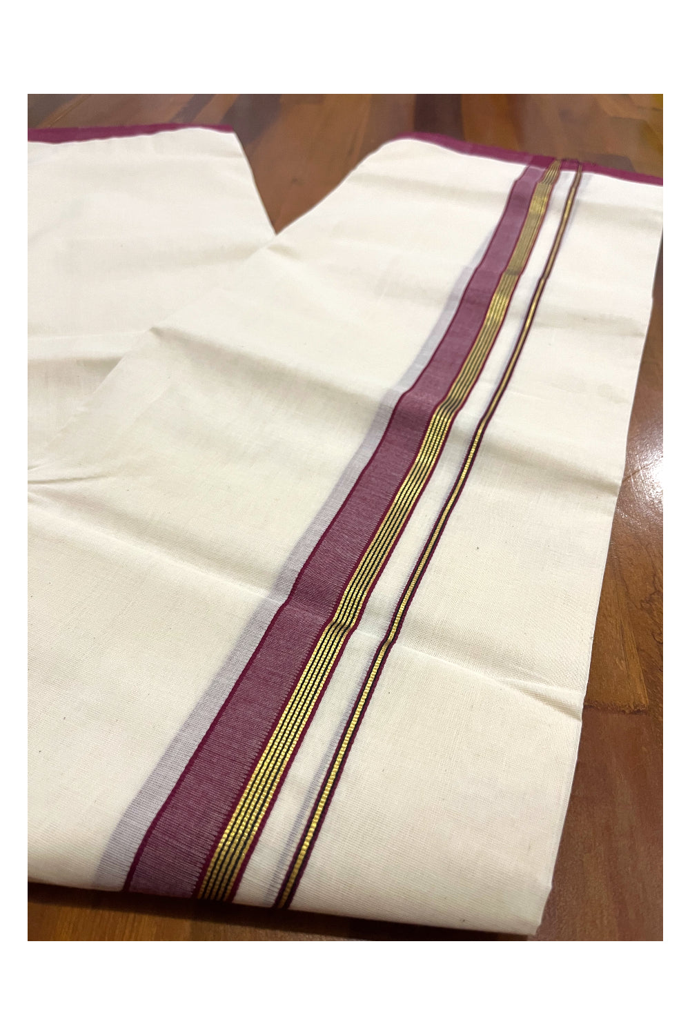 Southloom Premium Handloom Double Mundu with Maroon and Kasavu Border (South Indian Kerala Dhoti)