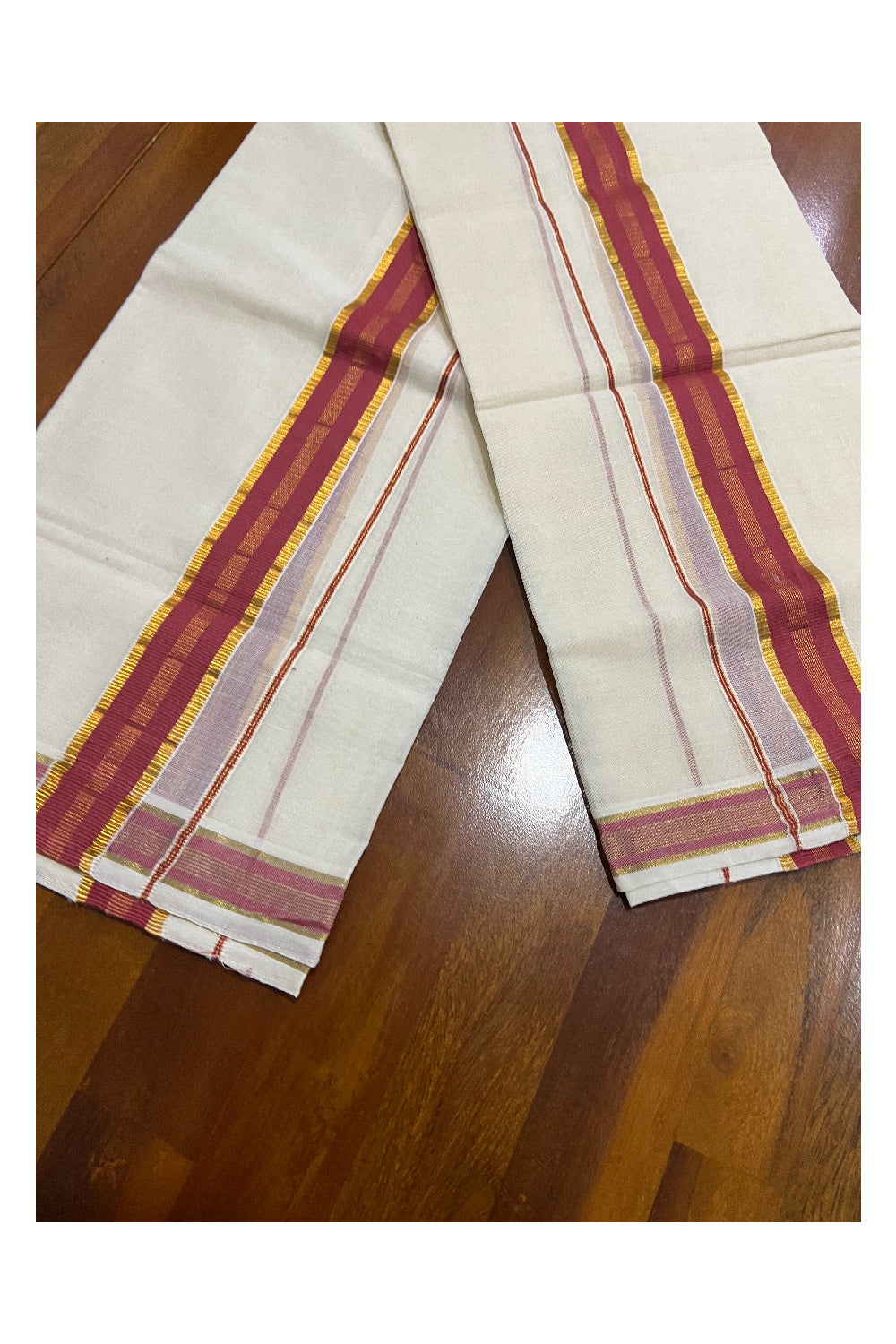 Kerala Cotton Mundum Neriyathum Single (Set Mundu) with Brick Red and Kasavu Border