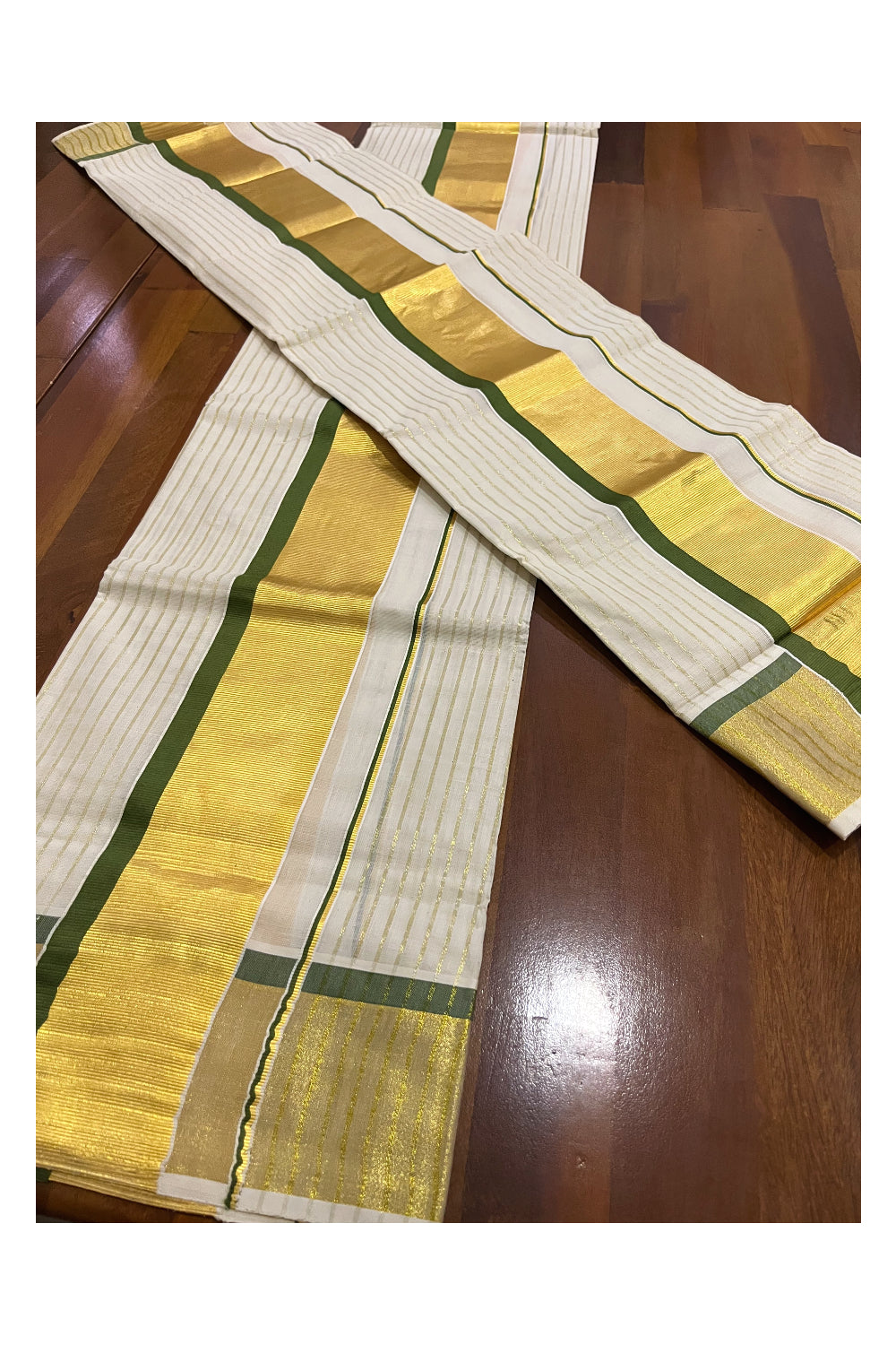 Kerala Cotton Set Mundu (Mundum Neriyathum) with Kasavu Lines on Body and Green Border 2.80 Mtrs