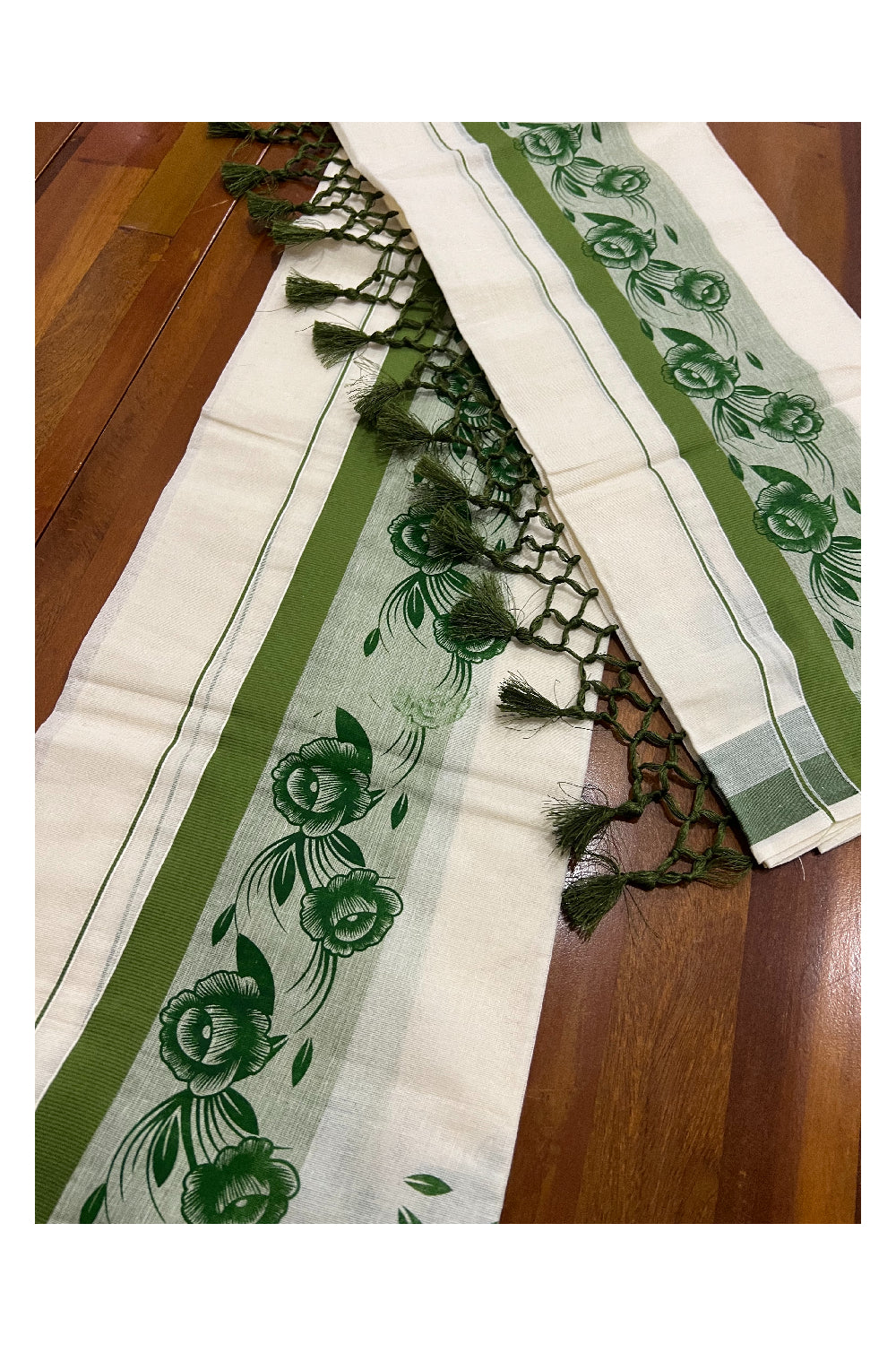 Kerala Cotton Set Mundu (Mundum Neriyathum) with Bottle Green Floral Block Prints and Tassels Border
