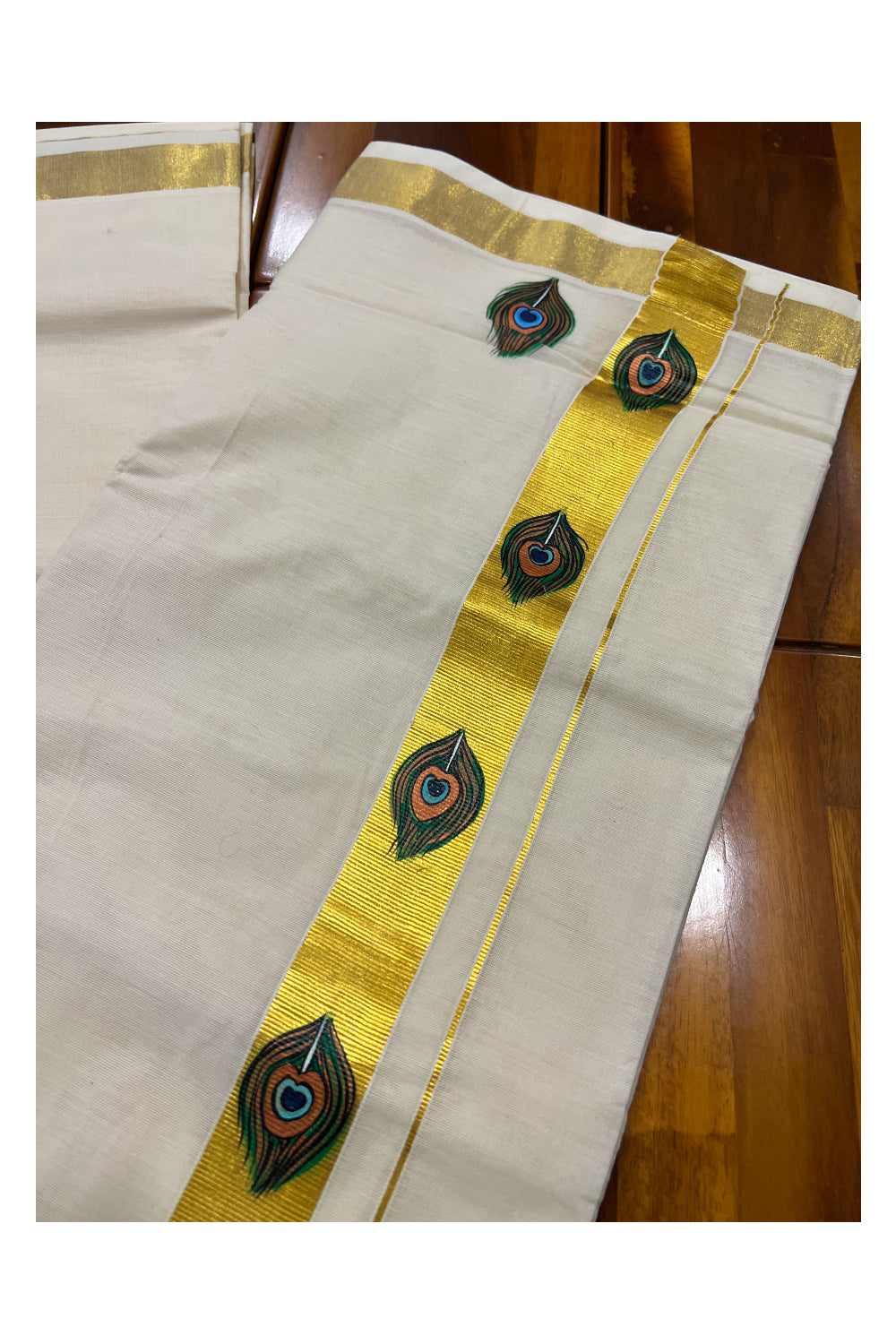 Pure Cotton Kasavu Mundu with Mural Hand Painted Feather Design (South Indian Dhoti)