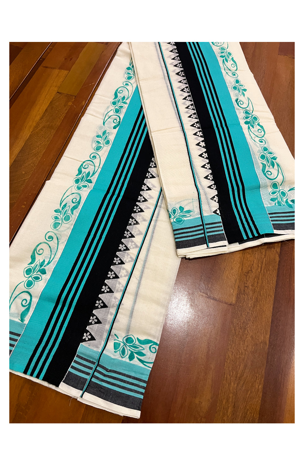 Kerala Cotton Set Mundu (Mundum Neriyathum) with Floral Prints on Turquoise Black Border