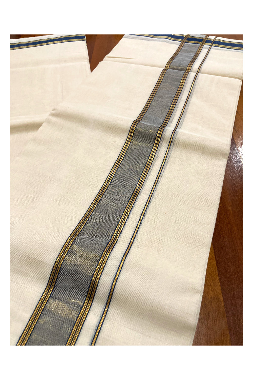 Southloom Premium Handloom Pure Cotton Mundu with Blue and Kasavu Border (South Indian Dhoti)