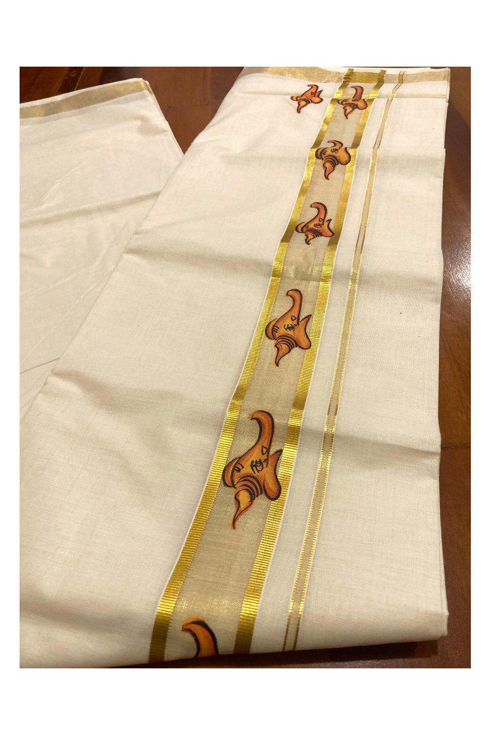 Off White Pure Cotton Double Mundu with Mural Prints on Kasavu Kara (South Indian Dhoti)