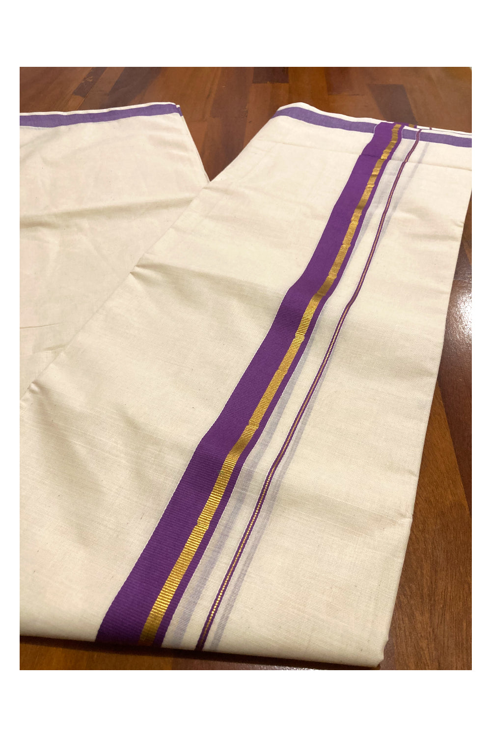 Pure Cotton Double Mundu with Violet and Kasavu Border (South Indian Dhoti)