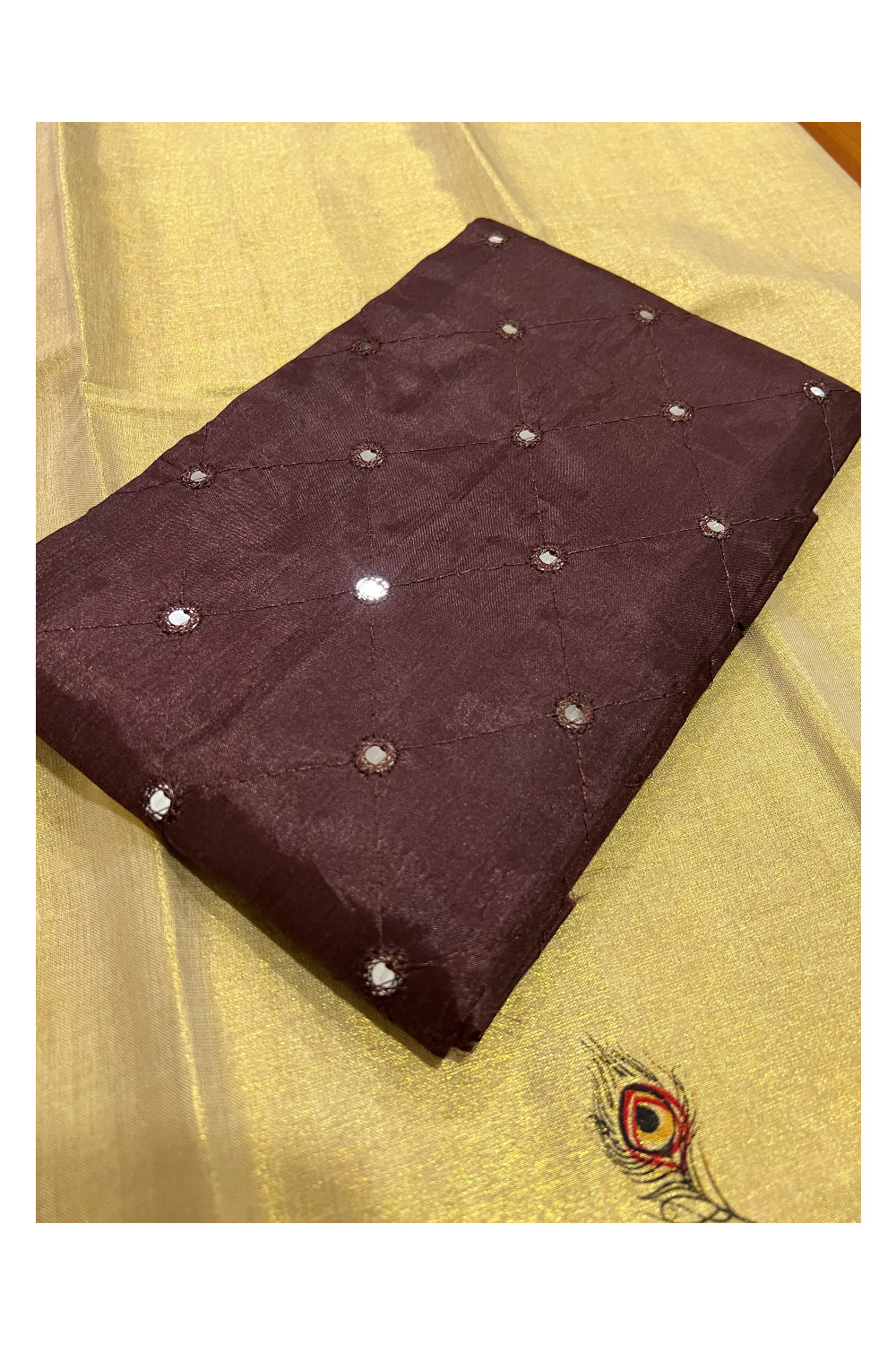 Kerala Tissue Mural Printed Pavada and Brown Blouse Material for Kids/Girls 4.3 Meters