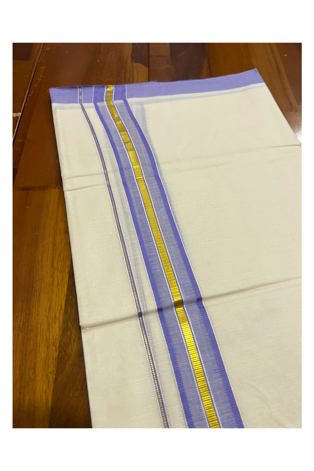 Off White Kerala Double Mundu with Kasavu and Violet Border (South Indian Dhoti)