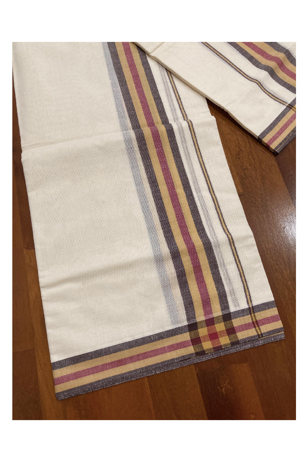 Kerala Cotton Mundum Neriyathum Single (Set Mundu) with Mulloth Design Yellow and Brown Border (Extra Soft Cotton)