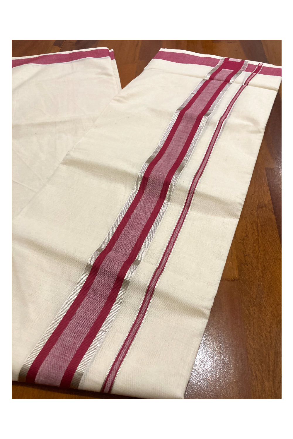 Pure Cotton Double Mundu with Maroon and Silver Kasavu Border (South Indian Dhoti)