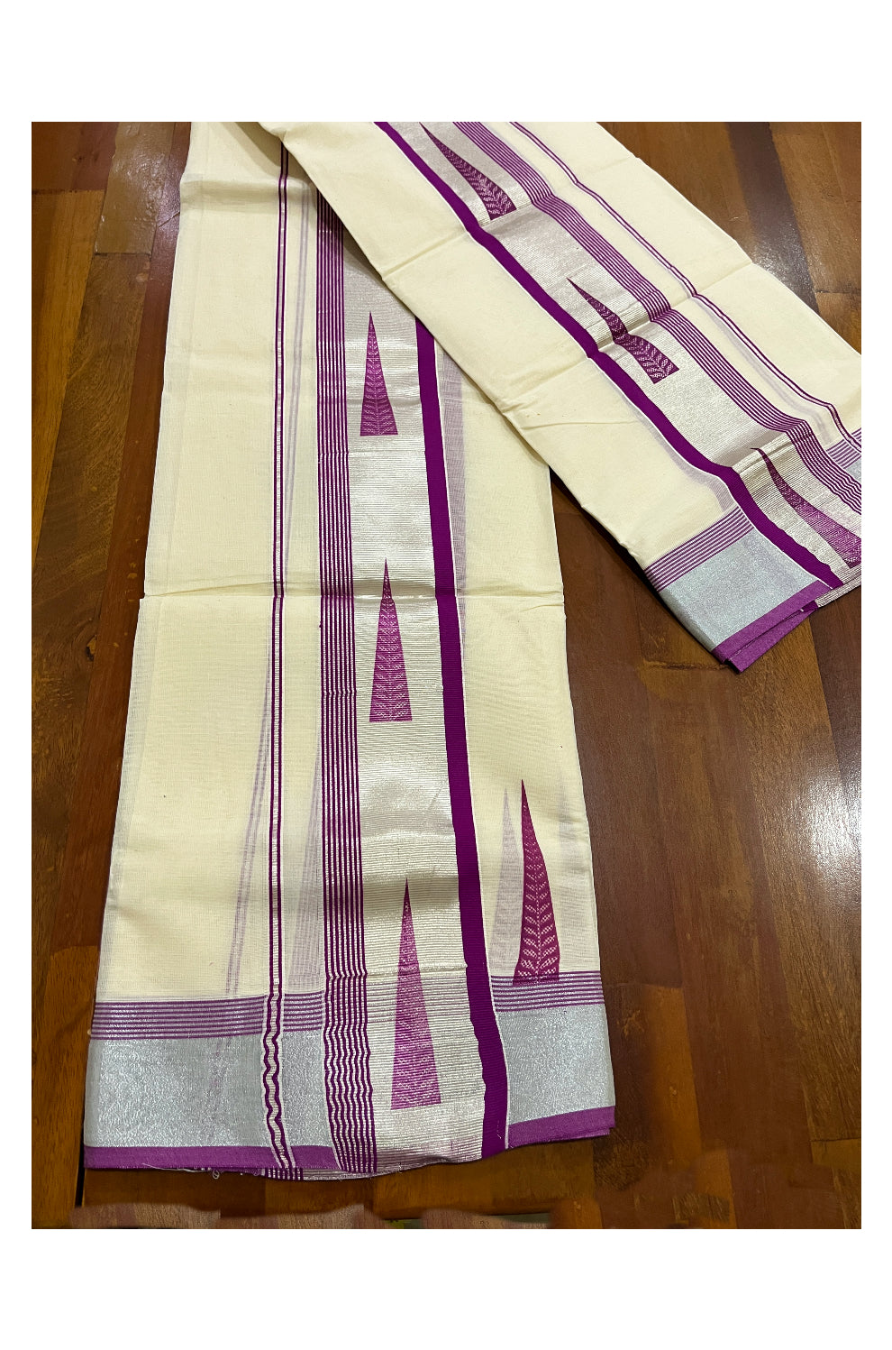 Pure Cotton SIlver Kasavu Single Set Mundu (Mundum Neriyathum Onam 2023) with Magenta Block Prints 2.80 Mtrs