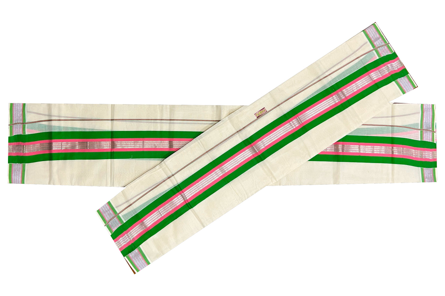 Pure Cotton Mundum Neriyathum Single (Set Mundu) with Silver Kasavu Light Green and Pink Border 2.80 Mtrs