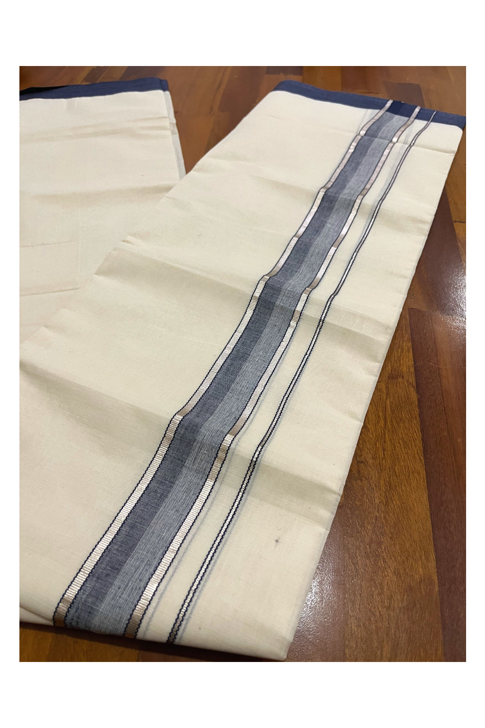 Pure Cotton Off White Double Mundu with Silver Kasavu and Blue Border (South Indian Dhoti)