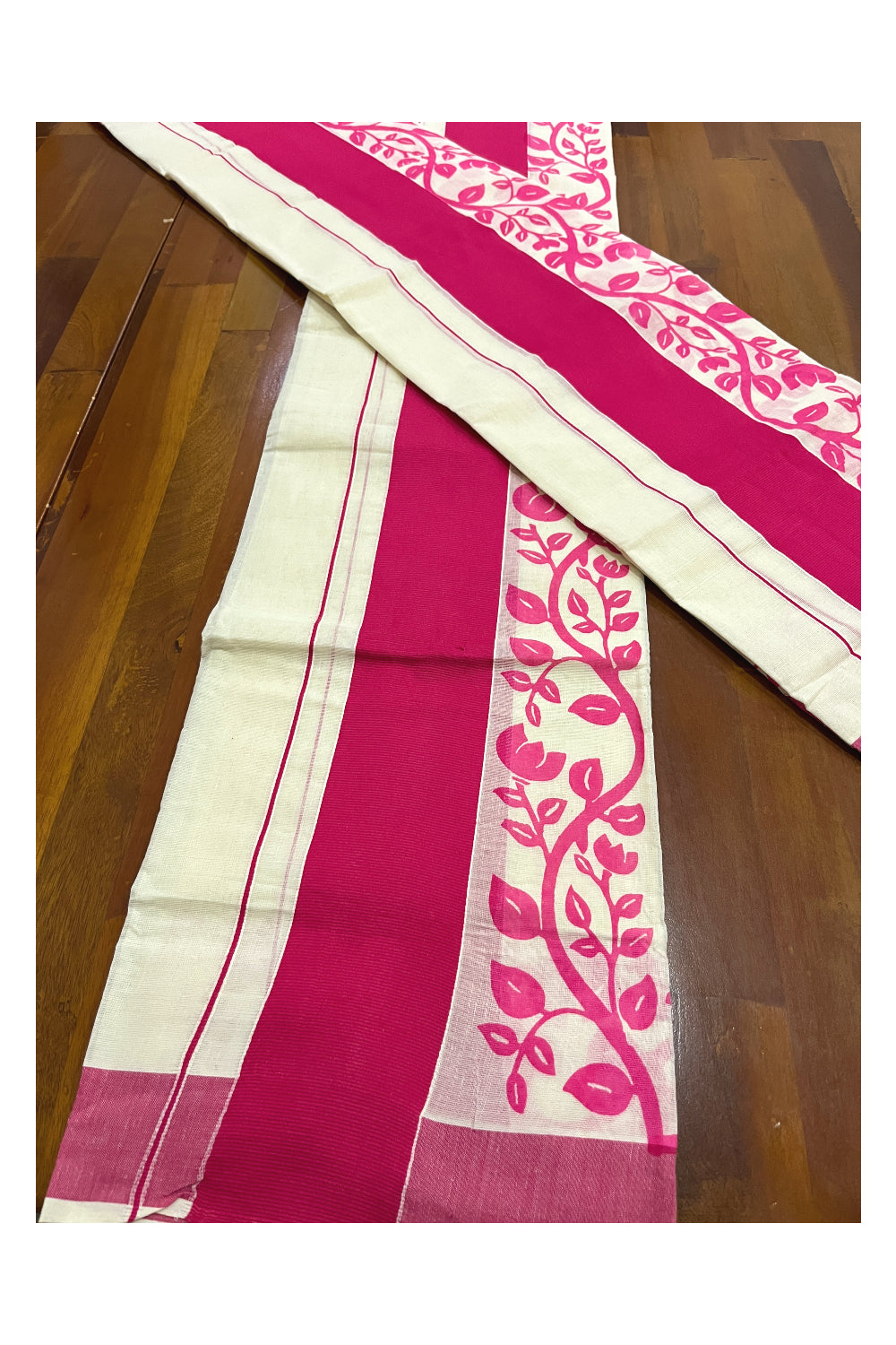 Southloom Original Design Single Set Mundu (Mundum Neriyathum Vishu 2023) with Pink Floral Vines Block Prints 2.80 Mtrs