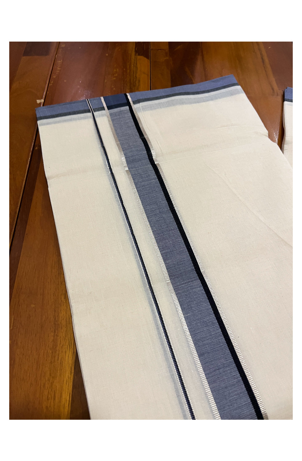 Pure Cotton Off White 100x100 Double Mundu with Silver Kasavu and Navy Blue Border (South Indian Dhoti)