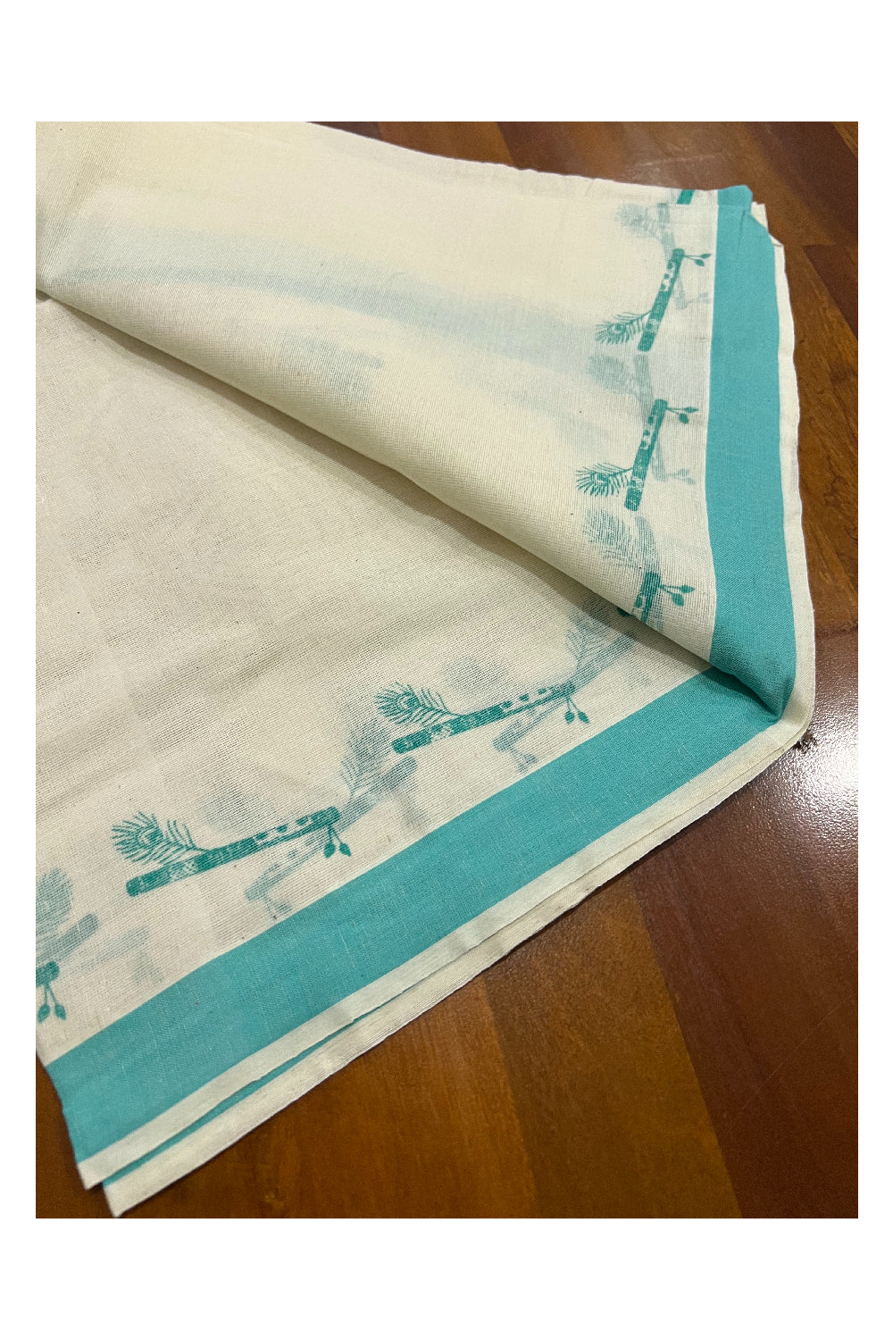 Pure Cotton Set Mundu (Mundum Neriyathum) with Turquoise Feather Flute Block Prints on Border