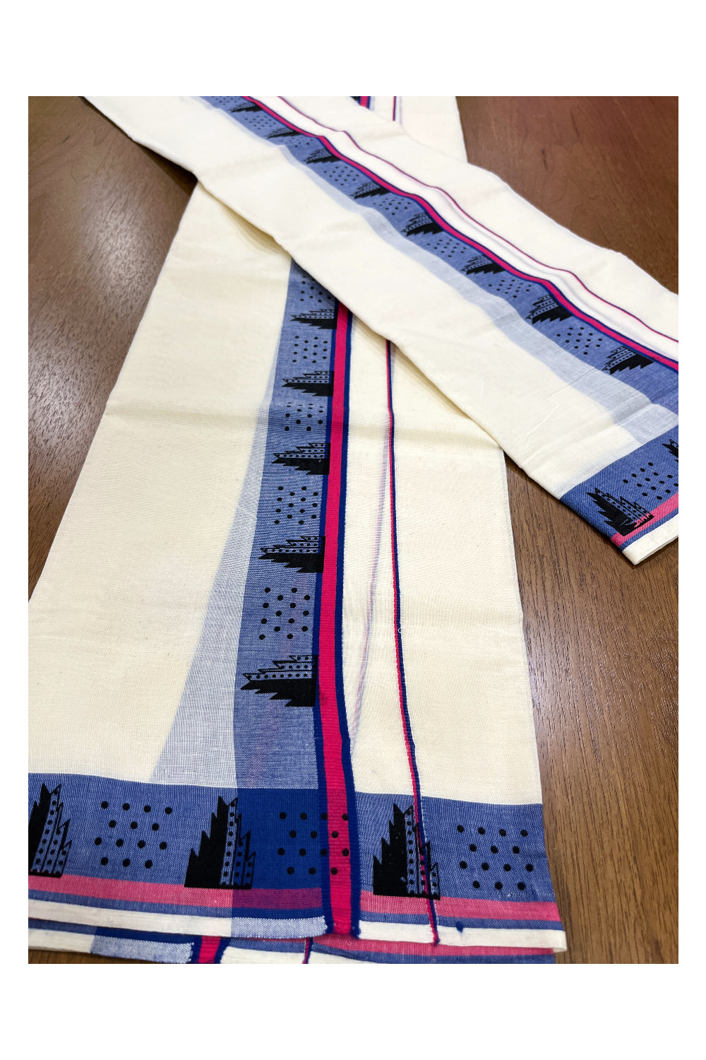 Kerala Cotton Set Mundu (Mundum Neriyathum) with Black Temple Block Prints on Blue Border 2.80 Mtrs