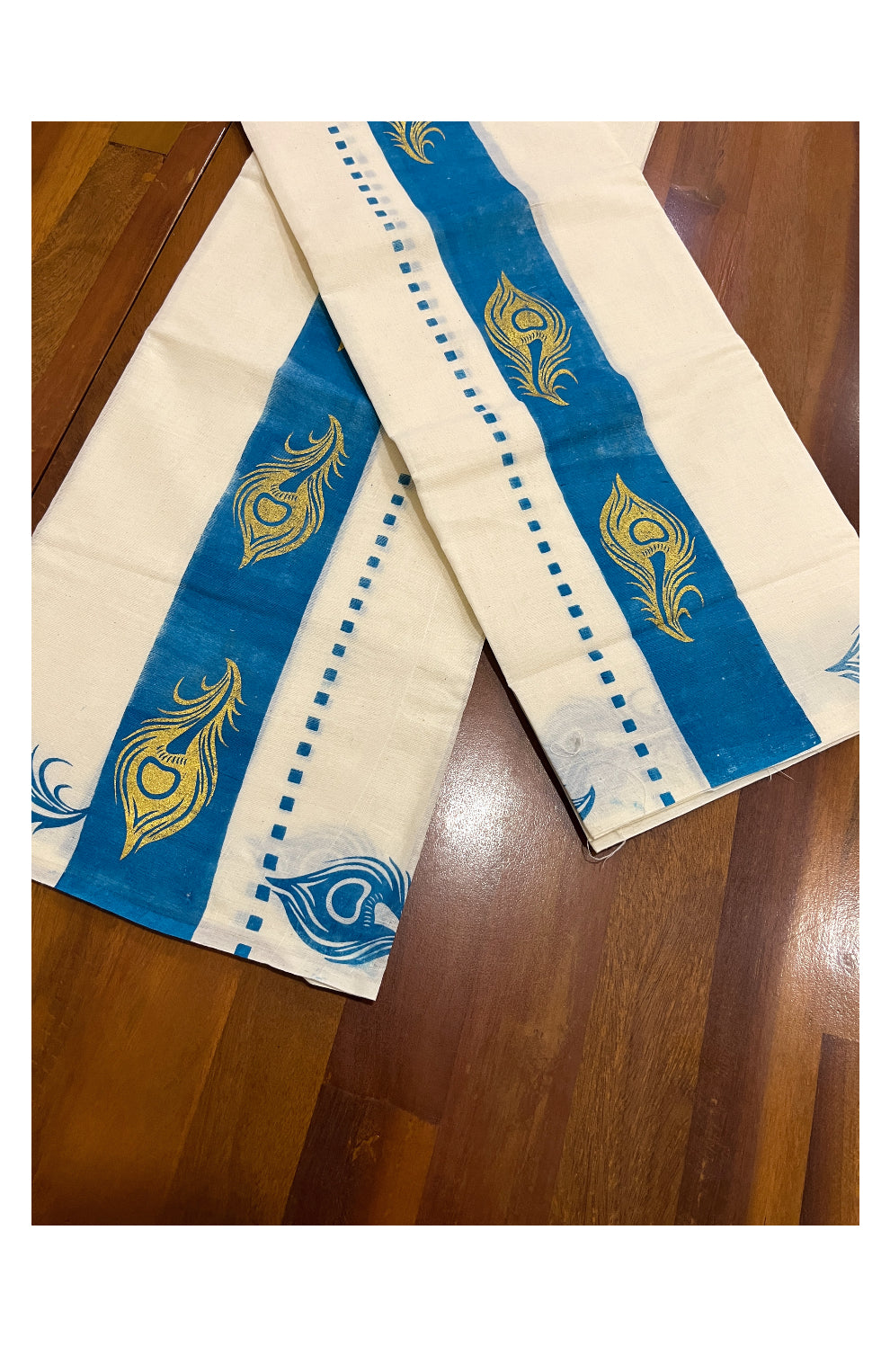 Kerala Cotton Set Mundu (Mundum Neriyathum) with Golden Feather Block Prints on Blue Border 2.80 Mtrs