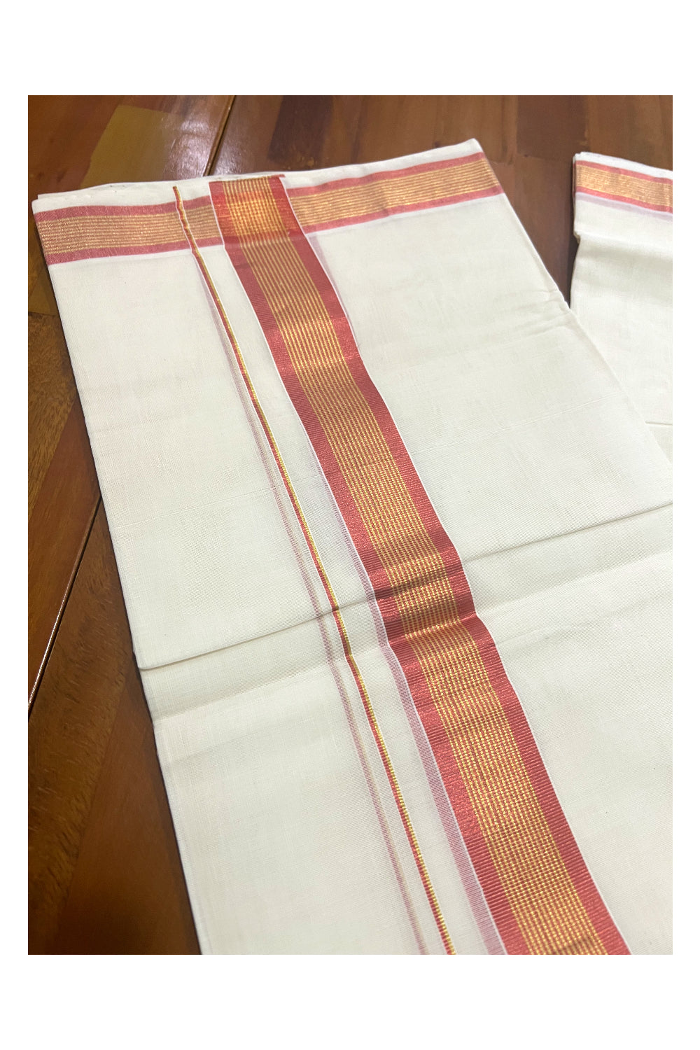 Southloom Premium Handloom Pure Cotton Mundu with Golden and Copper Red Kasavu Border (South Indian Dhoti)