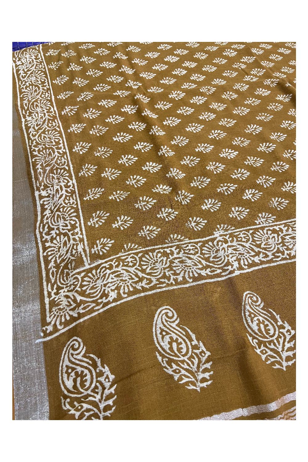 Southloom Linen Mustard Yellow Designer Saree with White Prints and Tassels on Pallu