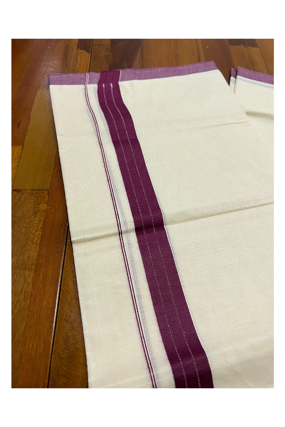 Pure Cotton Off White Double Mundu with Purple Border (South Indian Dhoti)