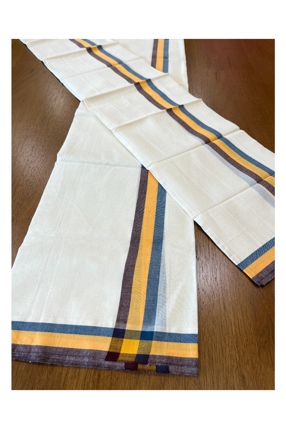 Kerala Cotton Mulloth Mundum Neriyathum Single (Set Mundu) with Brown and Orange Border (Extra Soft Cotton) 2.80 Mtrs