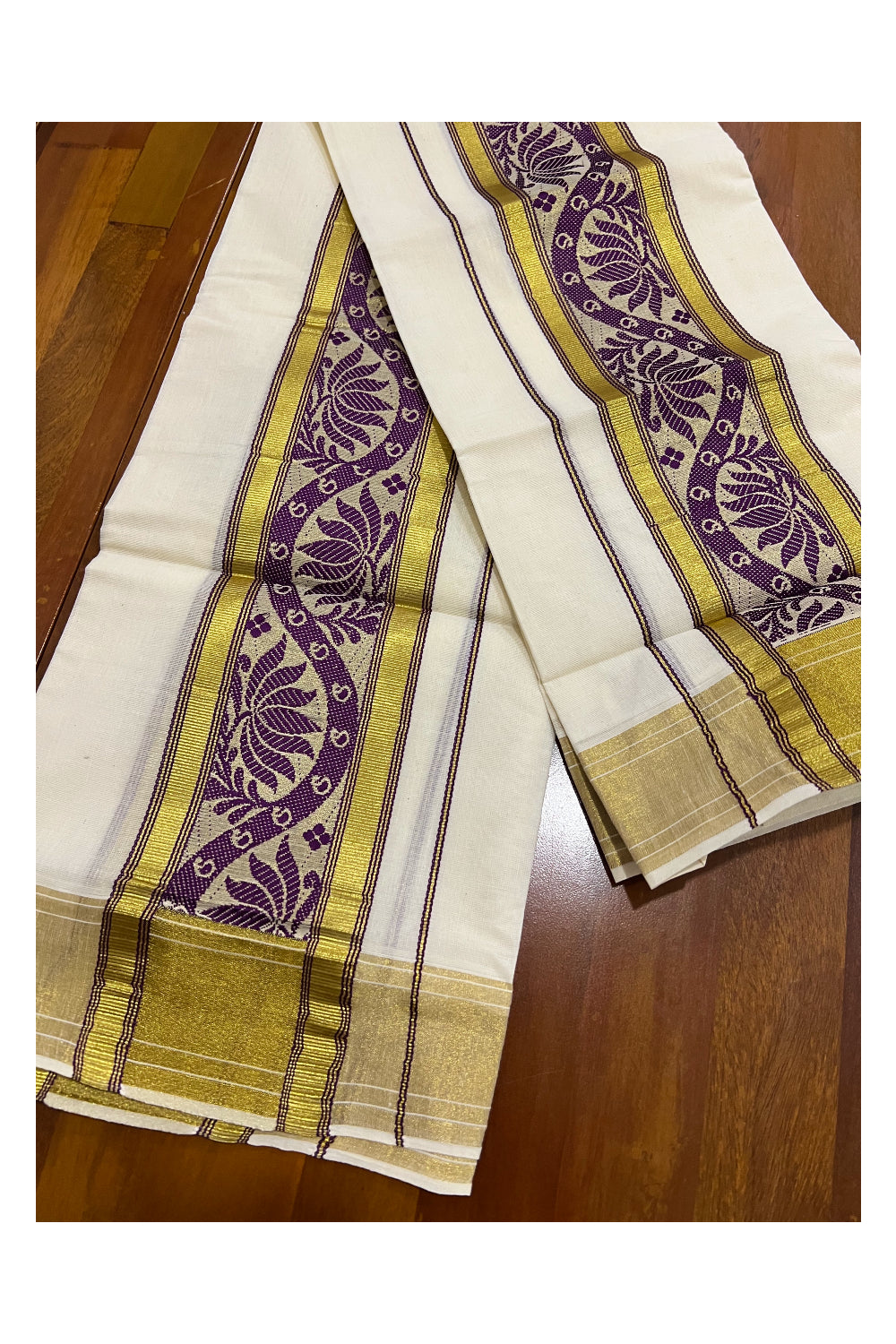 Kerala Cotton Kasavu Set Mundu (Mundum Neriyathum) with Purple Floral Woven Border 2.80 Mtrs