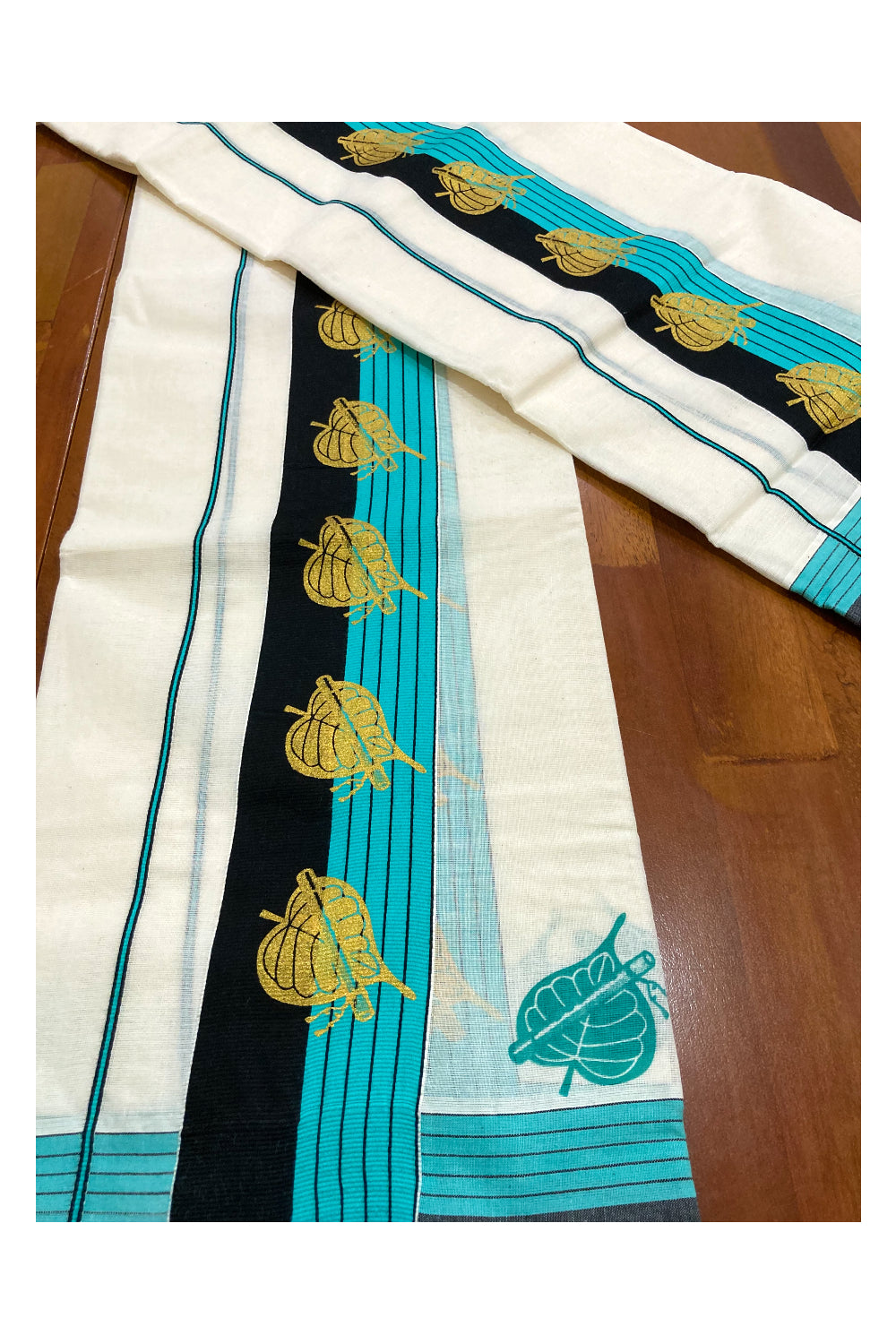 Cotton Set Mundu (Mundum Neriyathum) with Golden Block Prints on Turquoise and Black Border