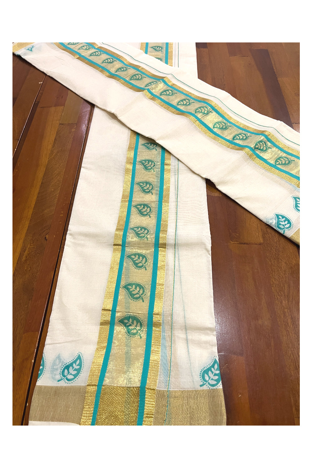 Pure Cotton Kasavu Single Set Mundu (Mundum Neriyathum) with Turquoise Block Printed Border