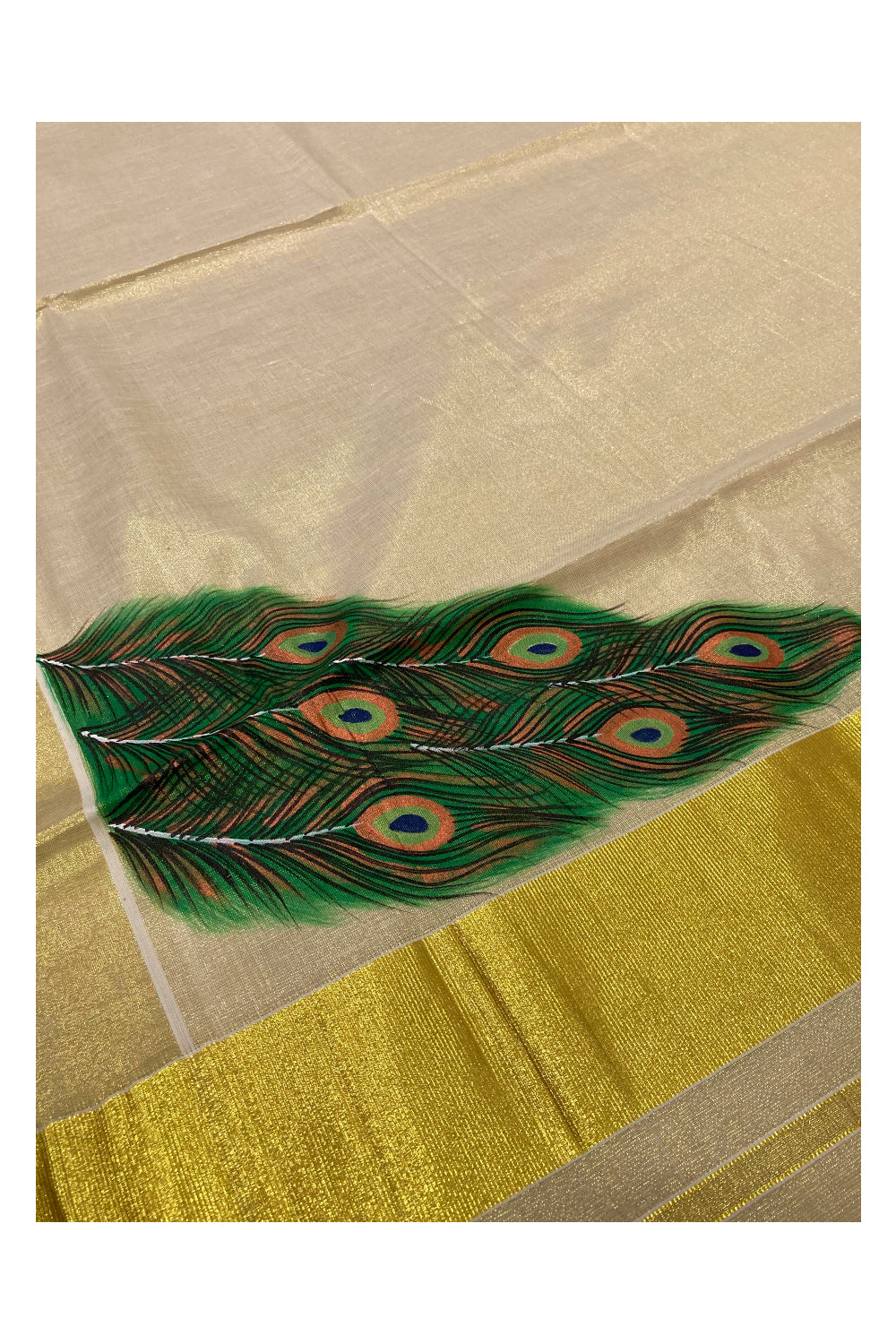 Kerala Tissue Kasavu Saree with Hand Painted Feather Design and Dark Green on Border