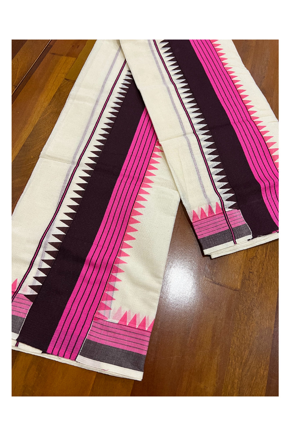 Pure Cotton Set Mundu (Mundum Neriyathum) with Pink and DarK Brown Temple Block Prints on Border