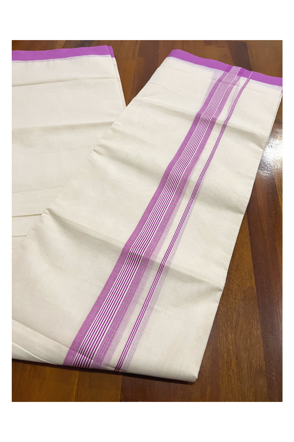 Pure Cotton Off White Double Mundu with Magenta Kara (South Indian Dhoti)