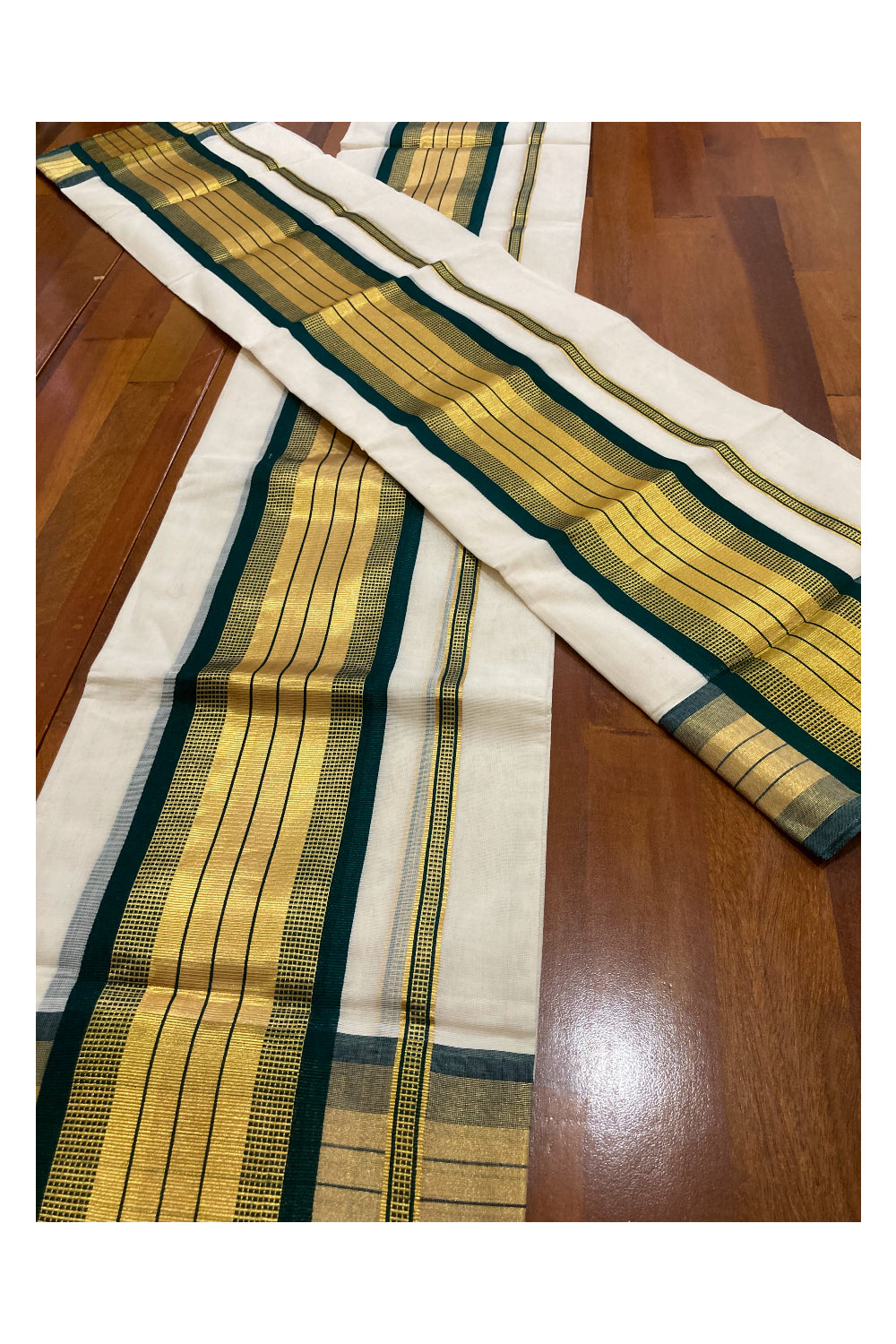 Southloom Premium Handloom Set Mundu with Kasavu and Green Border 2.80 Mtrs