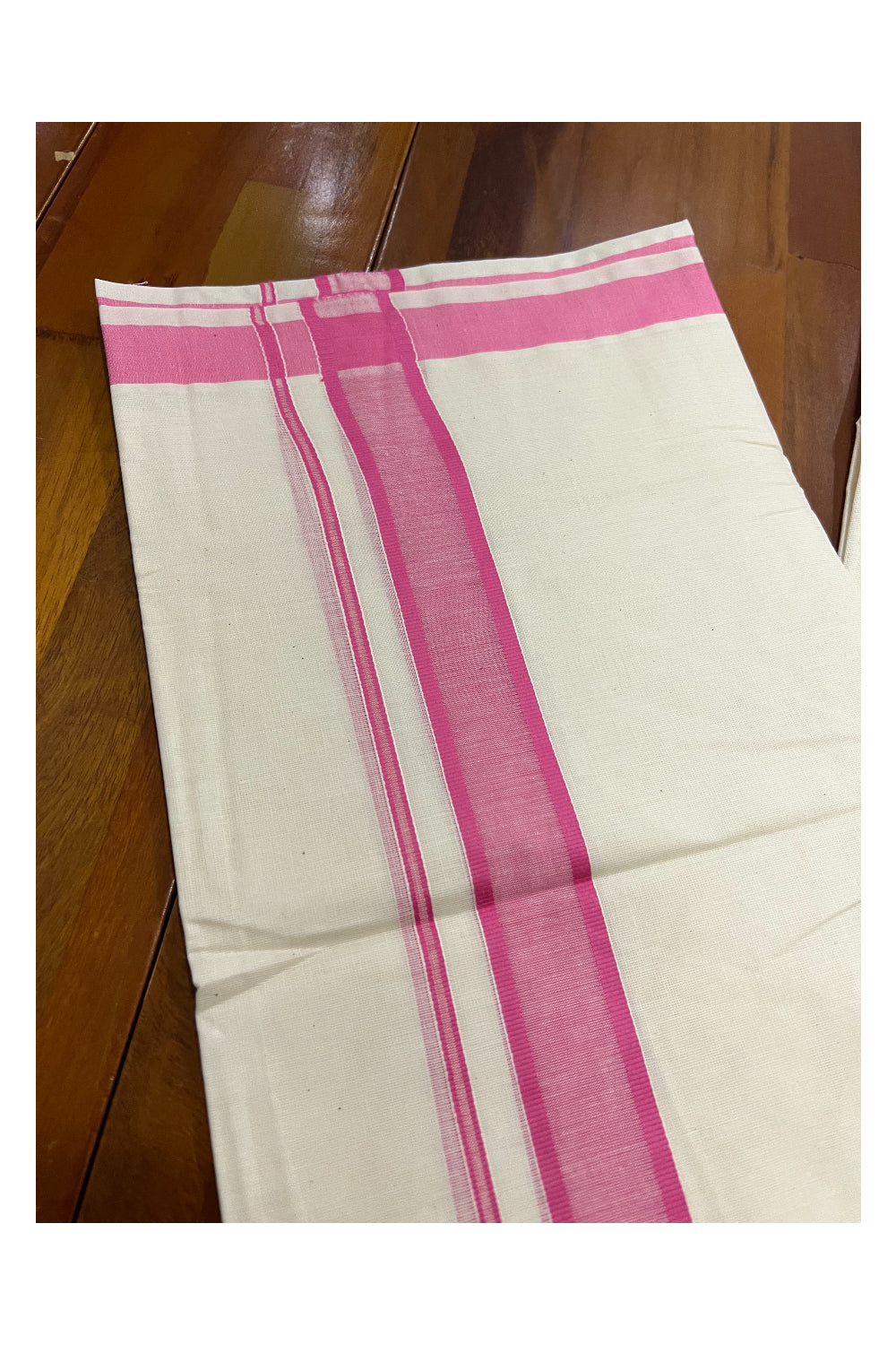 Off White Pure Cotton Double Mundu with Pink Border (South Indian Kerala Dhoti)