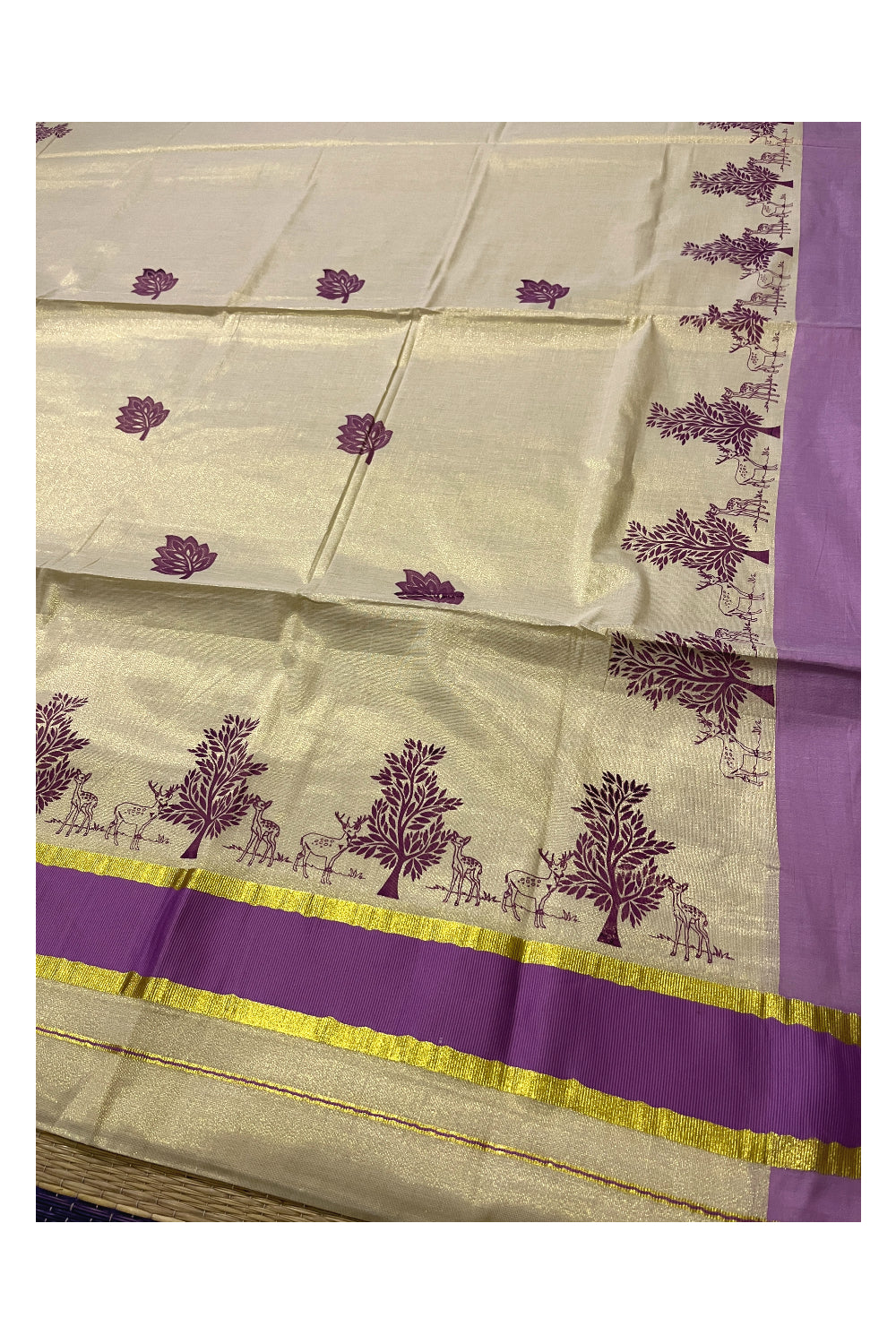 Kerala Tissue Kasavu Saree with Violet Block Prints