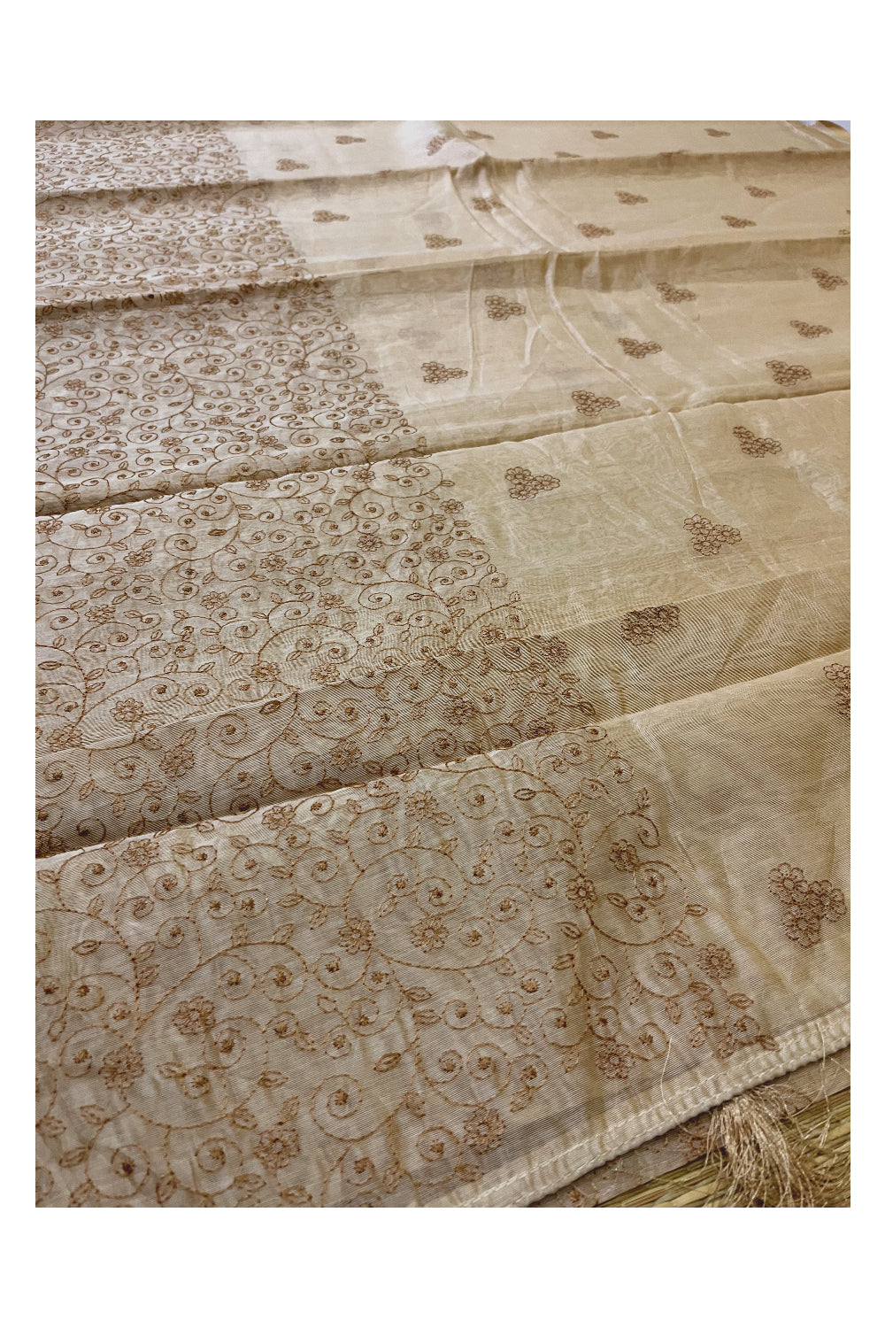 Southloom Cotton Light Brown Saree with Designer Floral Thread works on Body