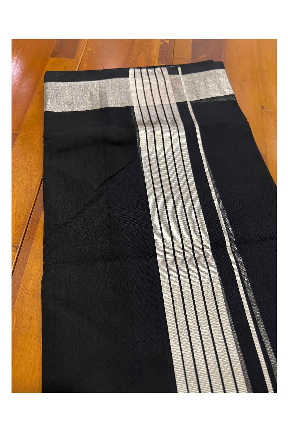 Southloom Kuthampully Handloom Pure Cotton Mundu with Silver Kasavu Lines Border (South Indian Dhoti)