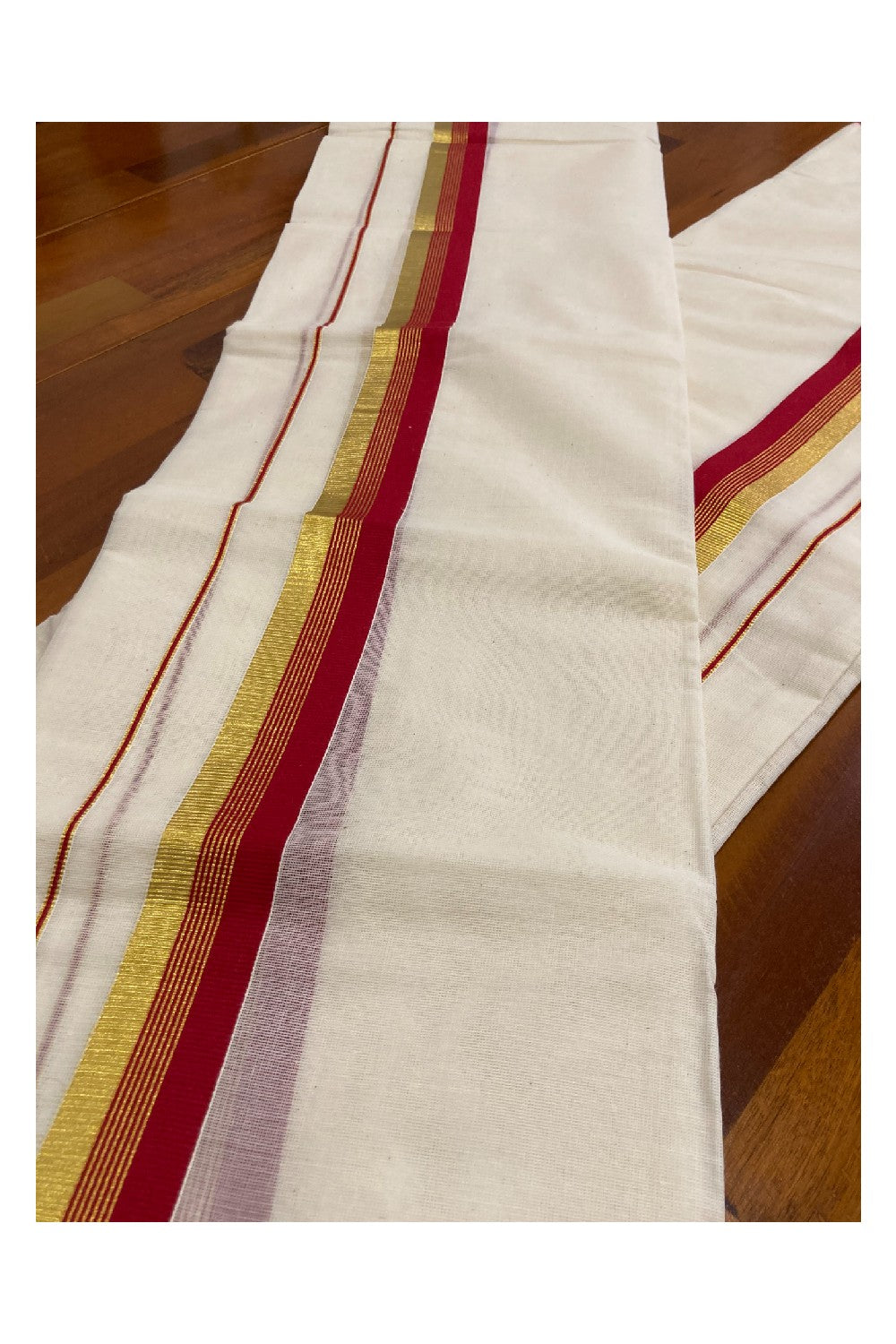 Kerala Cotton Mundum Neriyathum Double (Set Mundu) with Red and Kasavu Border