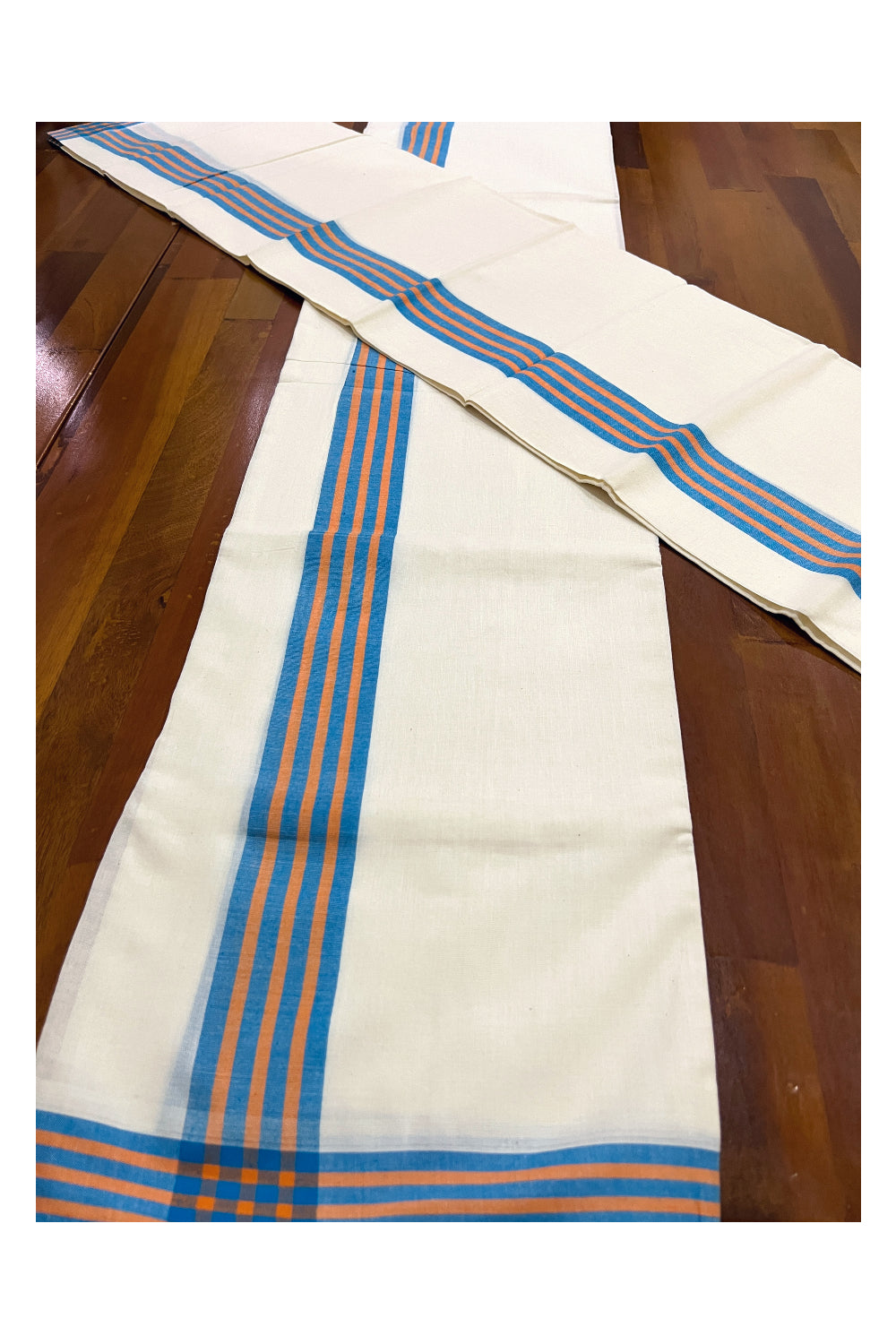 Kerala Cotton Mundum Neriyathum Single (Set Mundu) with Blue and Orange Mulloth Border (Extra Soft Cotton)