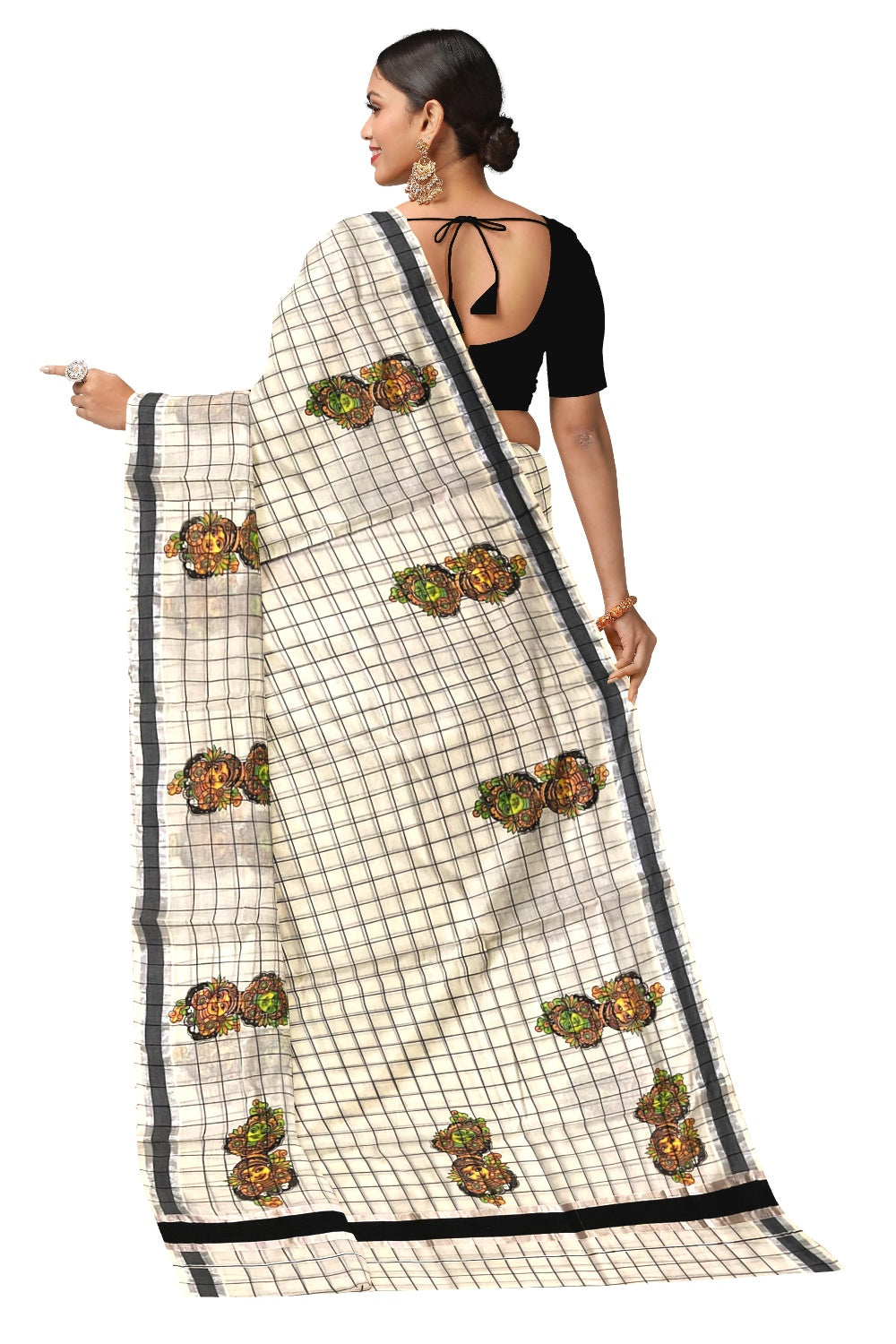 Pure Cotton Black Check Design Kerala Saree with Krishna Radha Mural Prints and Silver Border