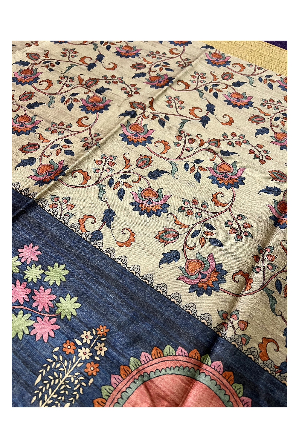 Southloom Tussar Silk Kalamkari Design Vishu Themed Krishna Radha Saree