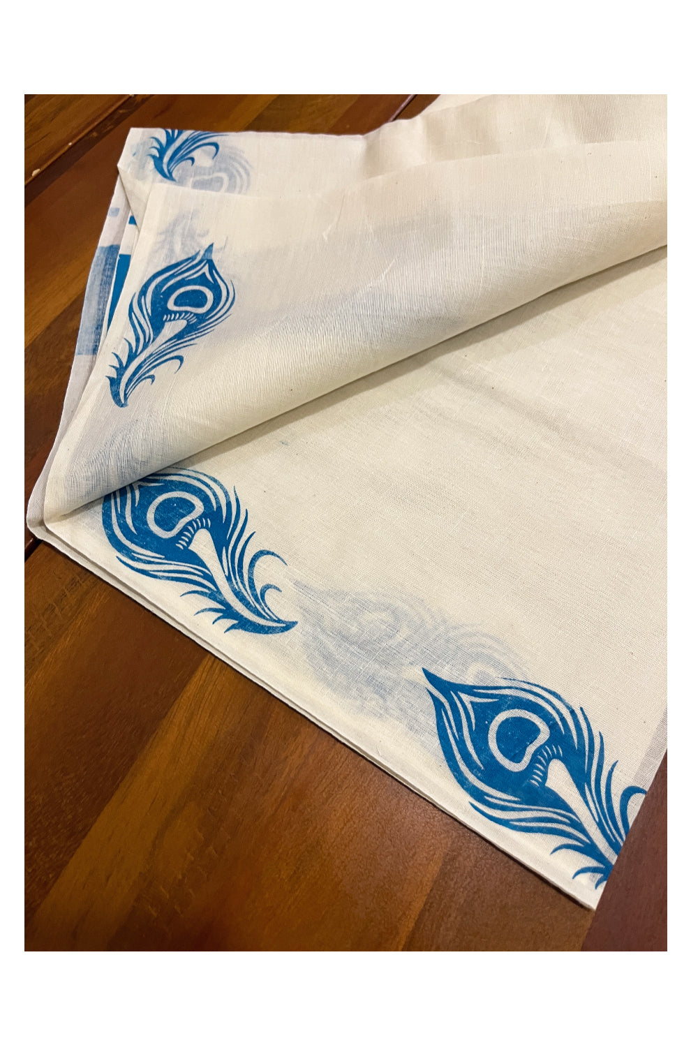 Kerala Cotton Set Mundu (Mundum Neriyathum) with Golden Feather Block Prints on Blue Border 2.80 Mtrs