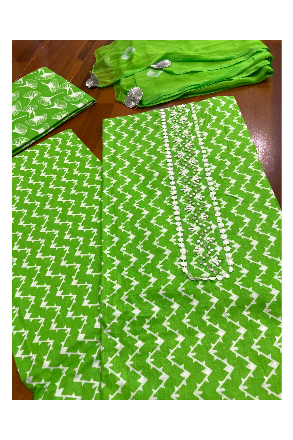 Southloom™ Cotton Churidar Salwar Suit Material in Green Printed Design