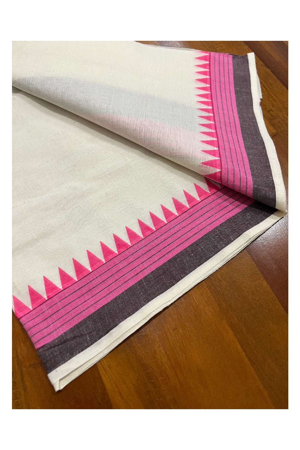 Pure Cotton Set Mundu (Mundum Neriyathum) with Pink and DarK Brown Temple Block Prints on Border